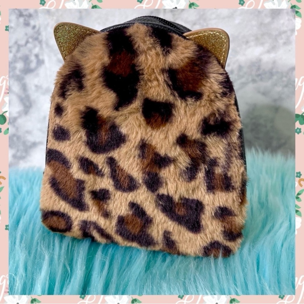 Bath & Body Works Leopard Print Faux Fur Cosmetic Bag Cat Ear Collectible NWOT